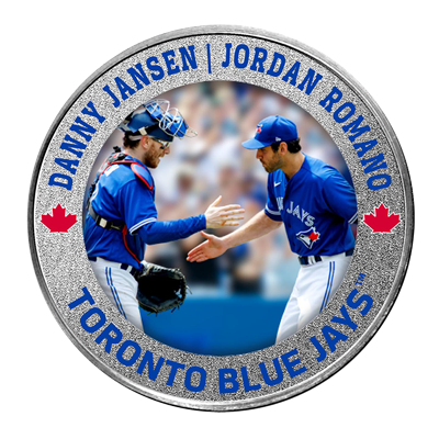 A picture of a 1 oz Toronto Blue Jays .999 Pure Silver Colorized Round- Jordan Romano & Danny Jansen